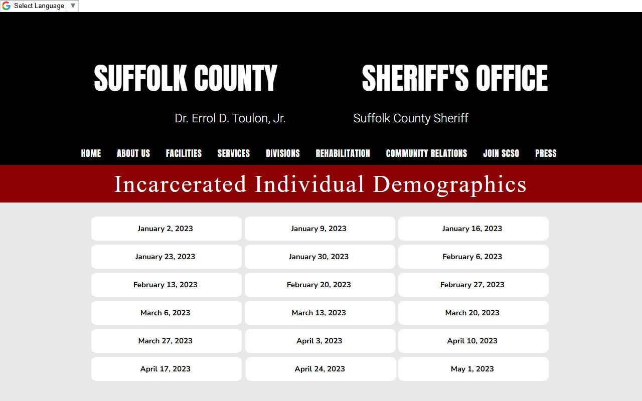 Suffolk County jail inmate population demographics page