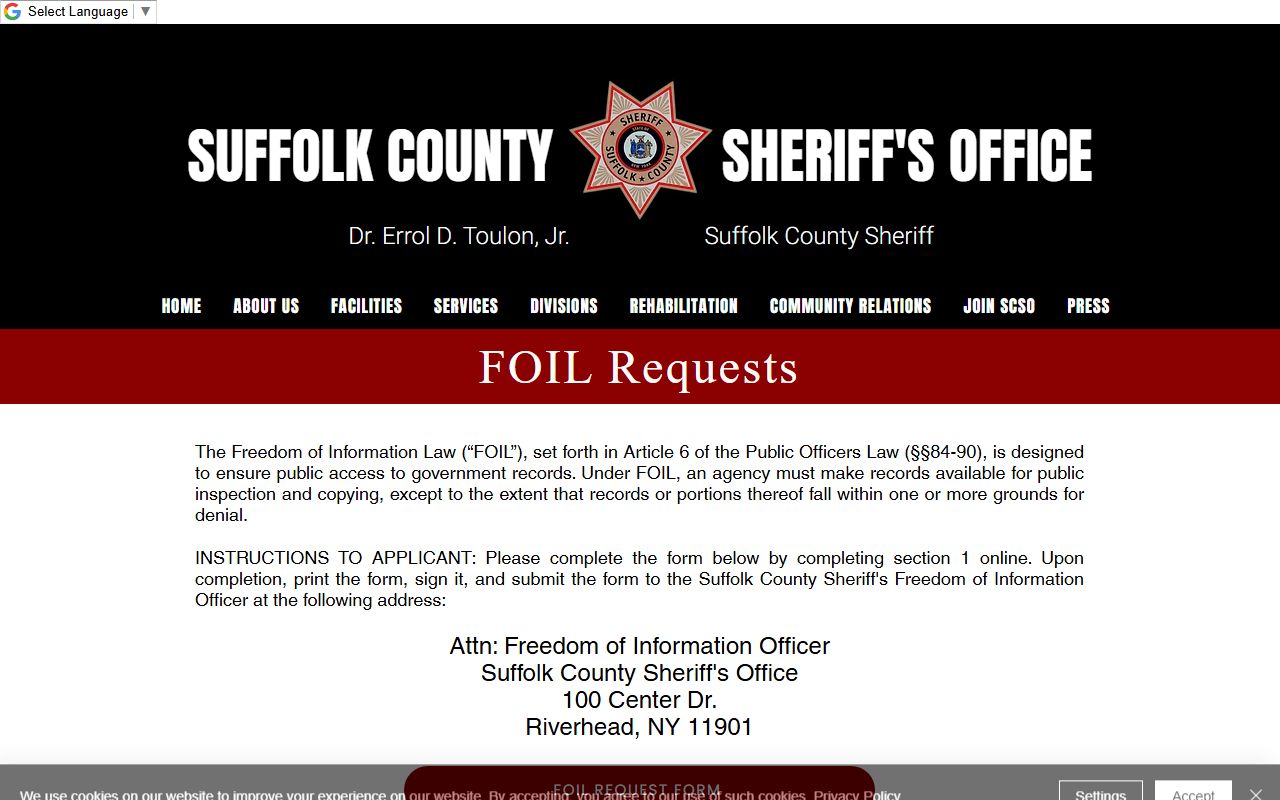 Suffolk County Sheriff FOIL request page for inmate records
