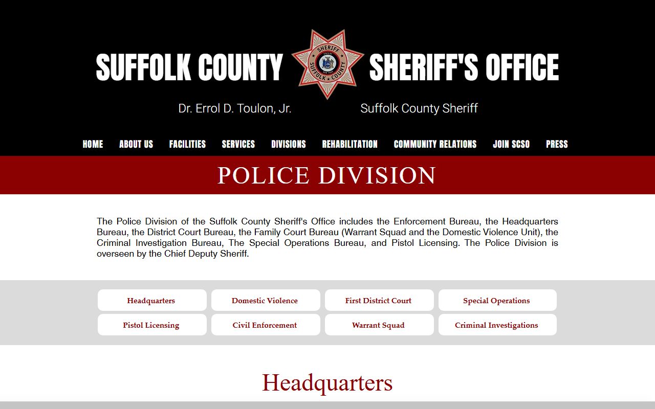 Suffolk County Sheriff warrant bureau and police division page