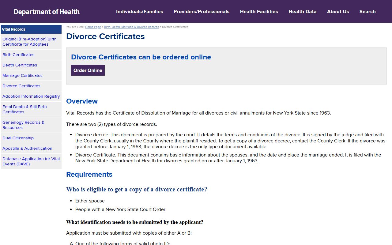 New York divorce certificate records page for Suffolk County