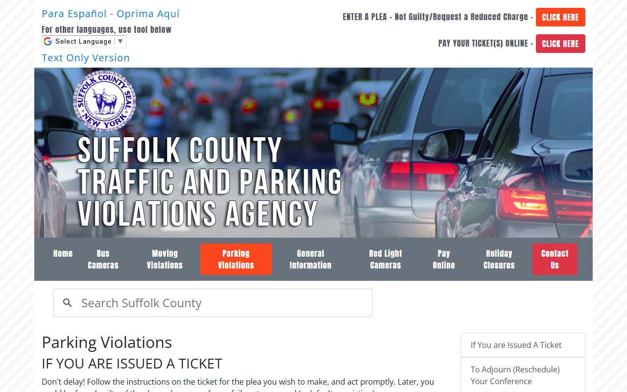 Suffolk County SCTPVA traffic ticket plea and payment records page