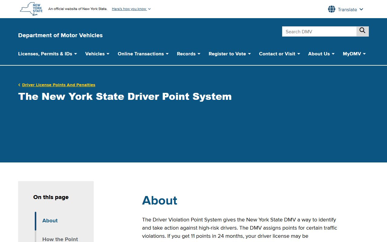 New York DMV driver point system page for Suffolk County traffic records